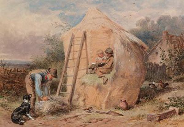 Children, Sitting On A Hayrick, Watching A Farmer Oil Painting by James Jnr Hardy