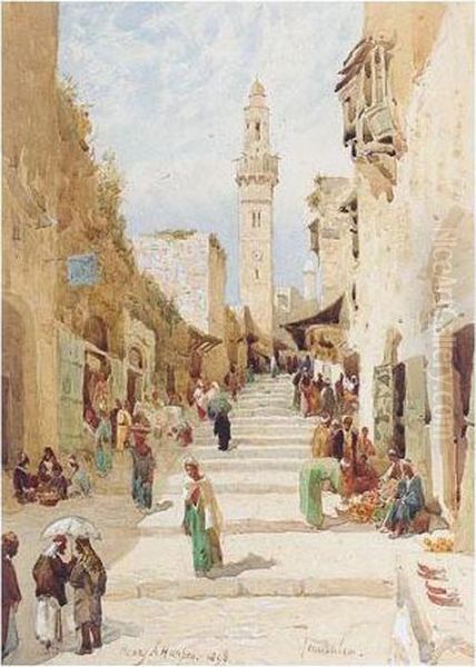 Figures On A Street In Jerusalem Oil Painting by Henry Andrew Harper