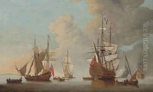 The flagship Royal Sovereign firing a salute at the Nore with other warships and Admiralty yachts in attendance Oil Painting by Cornelis van de Velde