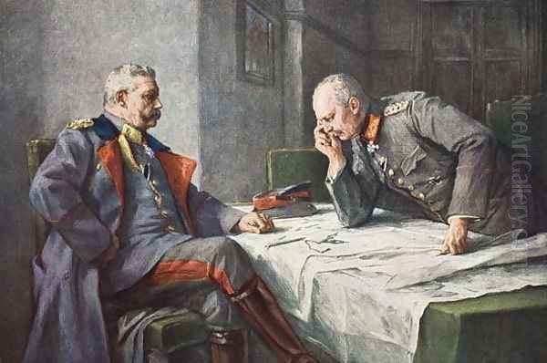 General von Hindenburg and Chief of Staff Erich von Ludendorff at the map table Oil Painting by Hugo Vogel