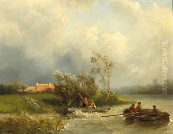 Fishermen in a rowing boat on a choppy river Oil Painting by Salomon Leonardus Verveer