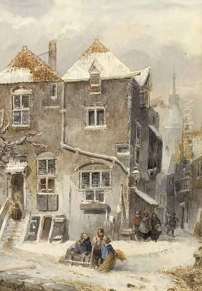 A view of a snow-covered town Oil Painting by Salomon Leonardus Verveer