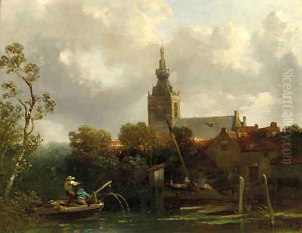 A view of Overschie with fishermen in a rowing boat in the foreground Oil Painting by Salomon Leonardus Verveer