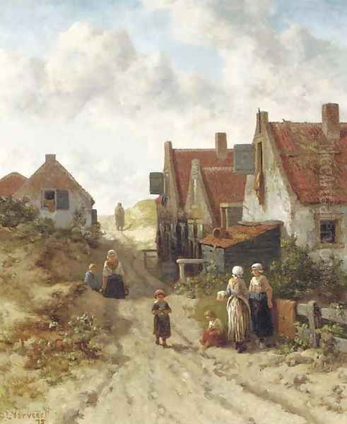 Fisherwomen conversing in the dunes, Scheveningen Oil Painting by Salomon Leonardus Verveer