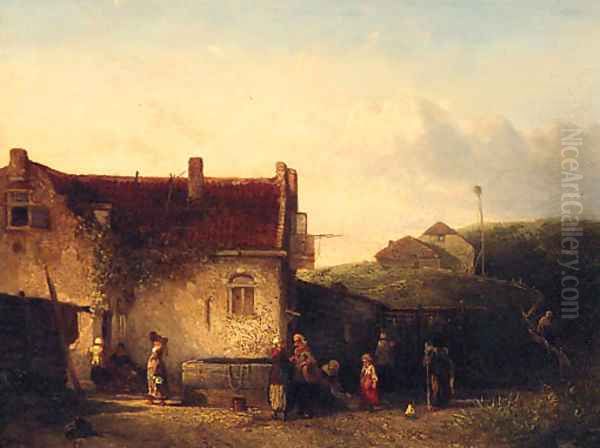 A Dutch Farmhouse With Figures Oil Painting by Salomon Leonardus Verveer