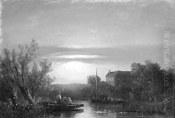 A river landscape at dusk Oil Painting by Salomon Leonardus Verveer