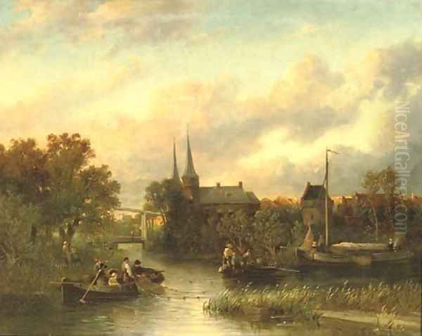 Fishing by a riverside town Oil Painting by Salomon Leonardus Verveer