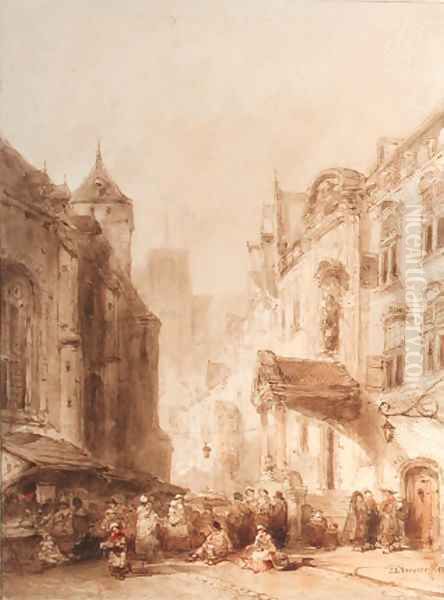 Street scene in a French town Oil Painting by Salomon Leonardus Verveer