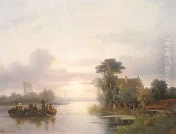 The ferry crossing Oil Painting by Salomon Leonardus Verveer