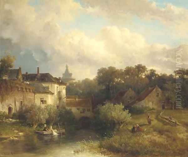 The outskirts of a town on a summer's day Oil Painting by Salomon Leonardus Verveer