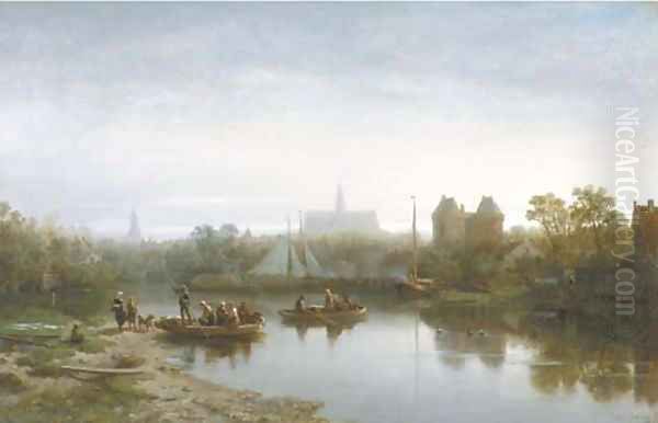 Crossing a canal at dusk on the outskirts of a town Oil Painting by Salomon Leonardus Verveer