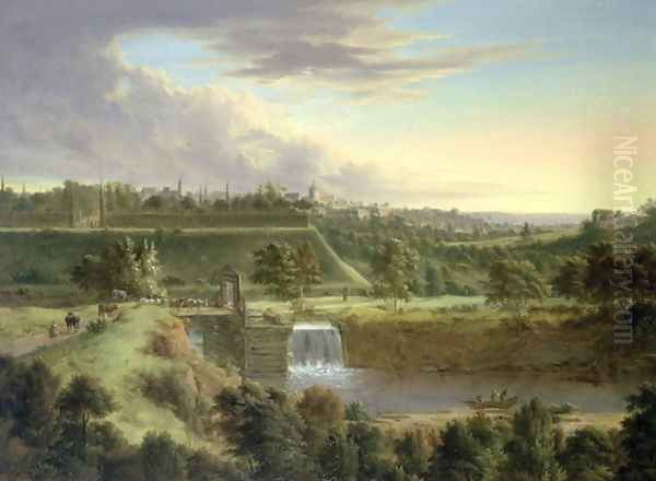 River Landscape by a Walled Town, probably Sachausen Oil Painting by Johann Christian Vollerdt or Vollaert