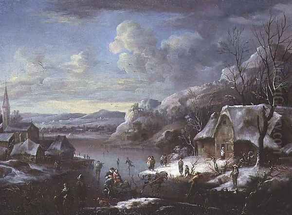 Winter Scene with Numerous Figures Oil Painting by Johann Christian Vollerdt or Vollaert