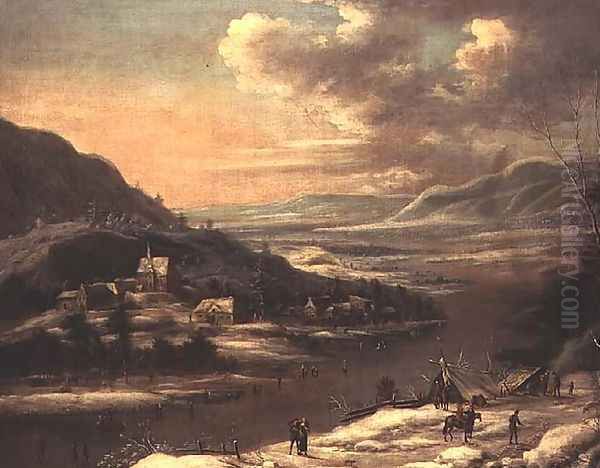 Winter Landscape- Town by a Frozen River Oil Painting by Johann Christian Vollerdt or Vollaert