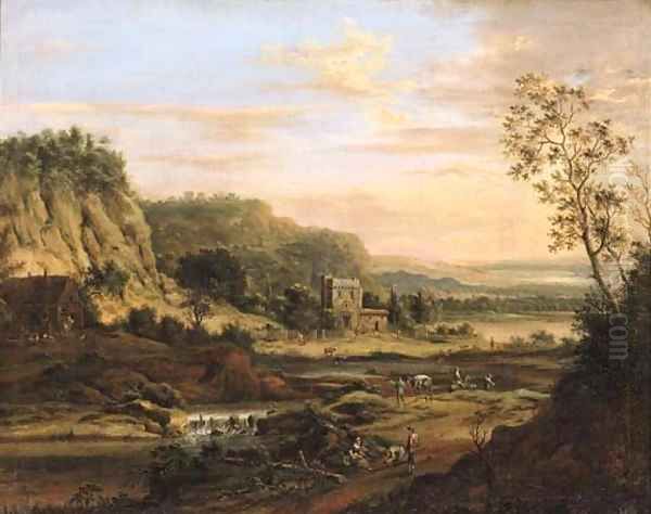 Peasants on a road by a river in a Rhenish landscape Oil Painting by Johann Christian Vollerdt or Vollaert