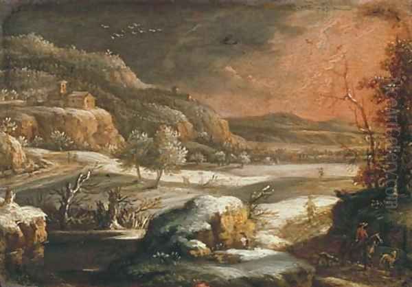 A mountainous winter landscape with travellers on a track Oil Painting by Johann Christian Vollerdt or Vollaert