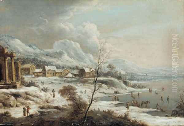 A Rhenish winter landscape with ice skaters Oil Painting by Johann Christian Vollerdt or Vollaert