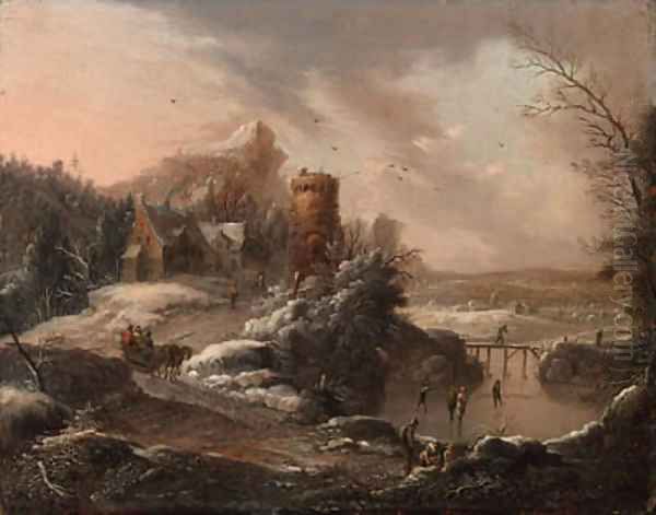 A winter landscape with travellers on a path and skaters on a river, a town and houses nearby Oil Painting by Johann Christian Vollerdt or Vollaert