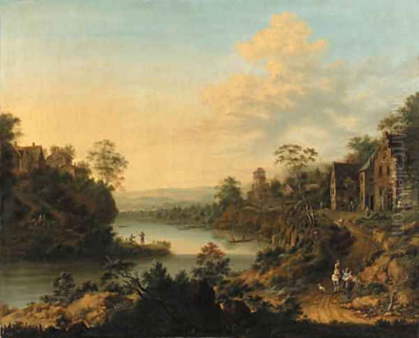 A river landscape with a hamlet and peasants on a path Oil Painting by Johann Christian Vollerdt or Vollaert