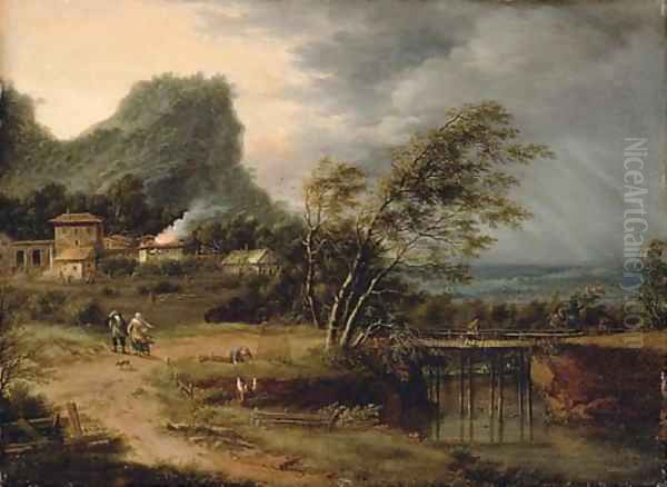 A river landscape with figures by a bridge and a house struck by lightening beyond Oil Painting by Johann Christian Vollerdt or Vollaert