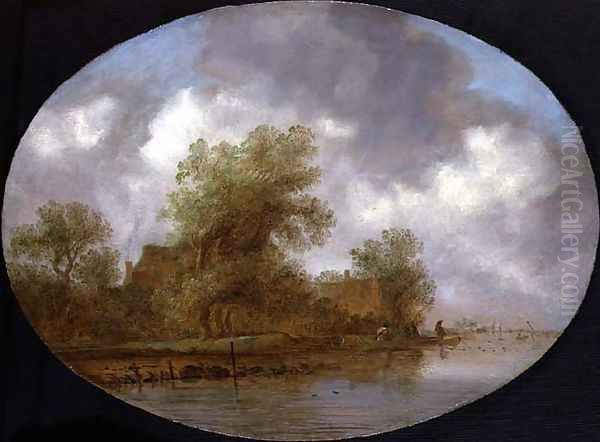 A River Landscape with Fishermen Hauling in Nets Oil Painting by Joost de Volder