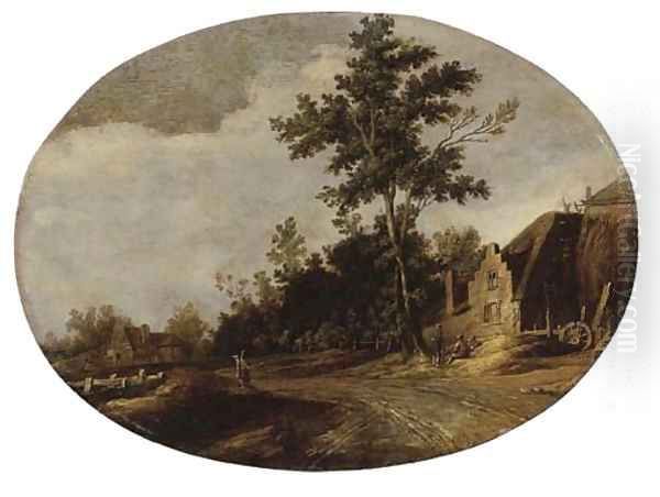 A wooded landscape with a sportsman on a path and figures conversing by a farm Oil Painting by Joost de Volder