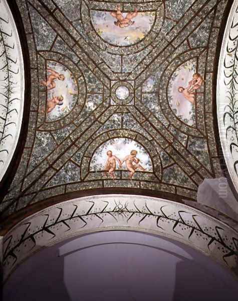 The semicircular ionic portico, detail of the ceiling vault decorated with putti in a garden, 1551-55 Oil Painting by Pietro Venale