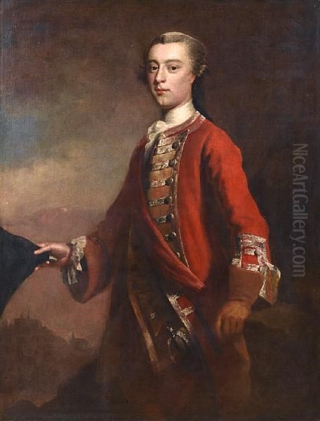 Portrait Of General James Wolfe 
Standing In Alandscape, The Plains Of Abraham At Quebec Behind Him Oil Painting by Joseph Highmore