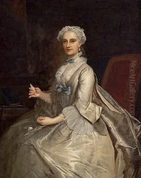 A Portrait Of A Lady, Three-quarter Length, Seated, Holding A Spool Of Yarn Oil Painting by Joseph Highmore