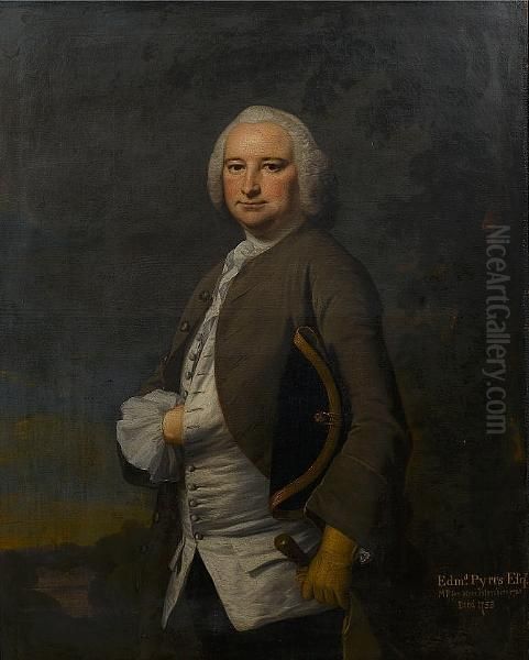 Portrait Of Edmund Pytts, Mp For
 Worcestershire 1741, Three-quarter-length, Standing In A Grey Coat And A
 Tricorn Hat Under His Arm Oil Painting by Joseph Highmore