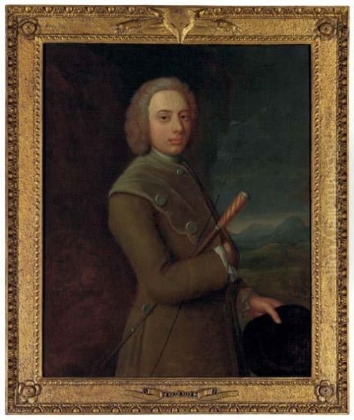 Portrait Of A Gentleman, 
Three-quarter-length, In A Brown Coat, Holding A Riding Crop And Hat Oil Painting by Joseph Highmore