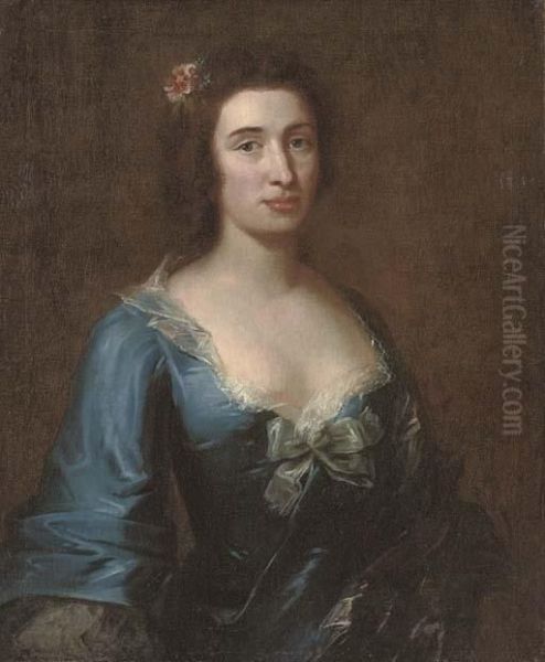 Portrait Of A Lady, Half-length,
 In A Blue Dress With Lace Trim And A Bow, Flowers In Her Hair Oil Painting by Joseph Highmore