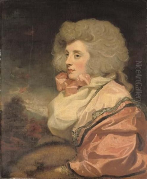 Portrait Of A Lady, Half-length,
 Seated In A Pink Dress, White Scarf And Pink Neck-tie, With A Fur Muff,
 In A Landscape Oil Painting by John Hoppner