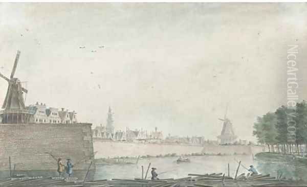 View of the Raampoort, Amsterdam, with figures fishing on a barrage 2 Oil Painting by Theodor (Dirk) Verrijk