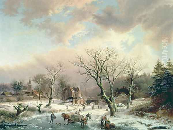 Winter Scene Oil Painting by Johannes Petrus van Velzen