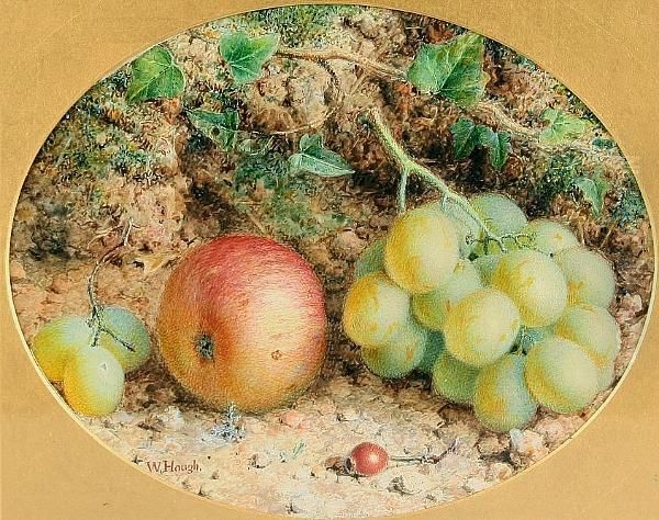 Still Life Of Grapes And Apple, Together With Another Similar, A Pair, Ovals Oil Painting by William B. Hough