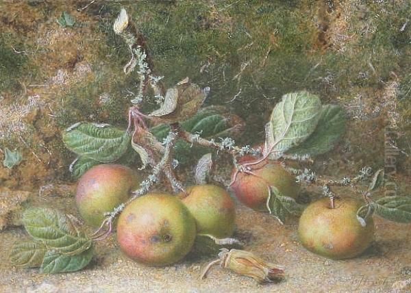 A Still Life Study Of An Apple Bough And A Cobnut, Signed Oil Painting by William B. Hough