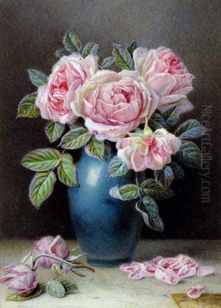 Still Life Study Of Roses Oil Painting by William B. Hough