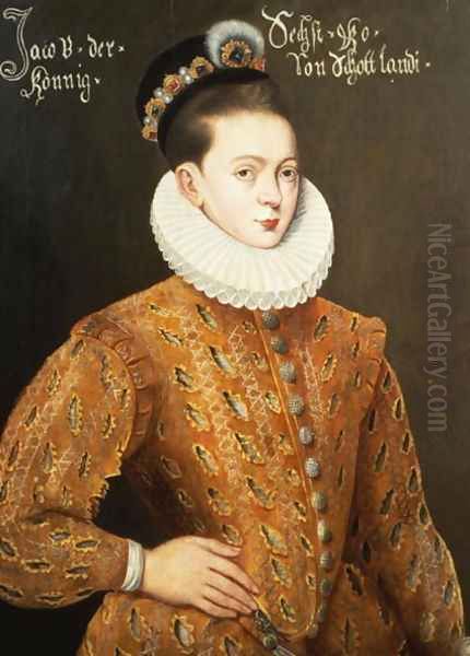 Portrait of James I of England and James VI of Scotland (1566-1625), purported to be the marriage portrait sent to the Danish Court to seduce Anne, his future wife Oil Painting by Adrian Vanson