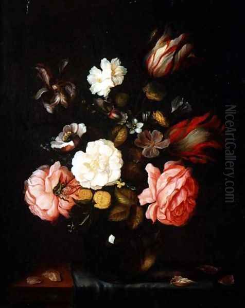 Flowers in a glass vase on a draped table Oil Painting by Pieter van der Venne