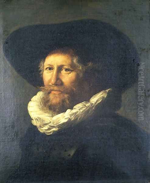 Portrait of a gentleman, in a black hat and jacket with a white ruff collar Oil Painting by Abraham de Vries