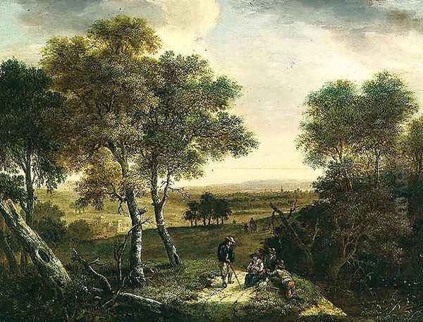 An extensive wooded landscape with peasants by a path, a town beyond Oil Painting by Dionys Verburgh