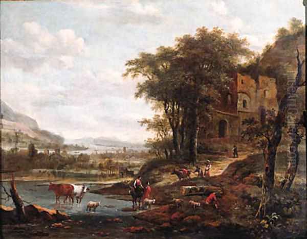 Drivers watering cattle and muleteers on a path in a mountainous river landscape Oil Painting by Dionys Verburgh