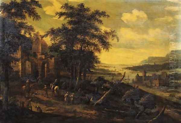 Travellers and peasants on a road by a ruined mansion, a valley beyond Oil Painting by Dionys Verburgh