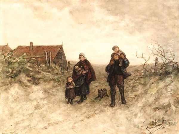 A family walk on a country path Oil Painting by Elchanon Verveer