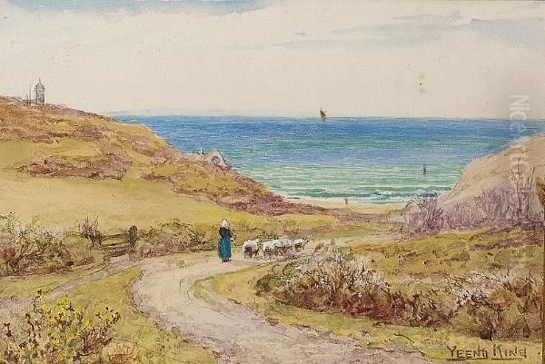 View Of The South Coast; A Thatched Cottage Oil Painting by Henry John Yeend King