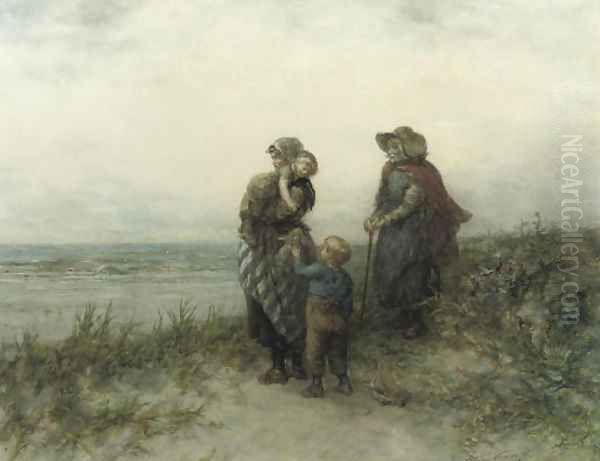 Fisherwomen waiting in the dunes Oil Painting by Elchanon Verveer