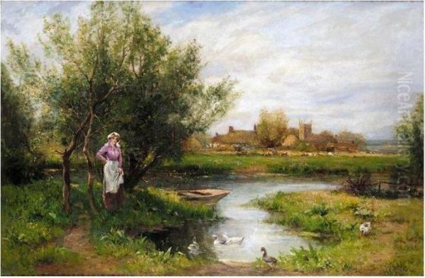 At The Village Pond Oil Painting by Henry John Yeend King