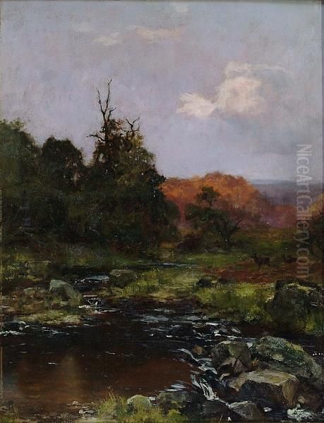 Highland River Landscape With Deer Oil Painting by Henry John Yeend King