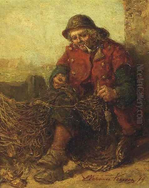 Mending the nets Oil Painting by Elchanon Verveer